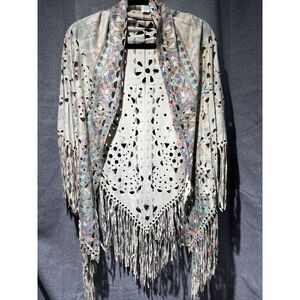 Oragami Multicolor Paisley print Fringe sheer see through women's shawl top F